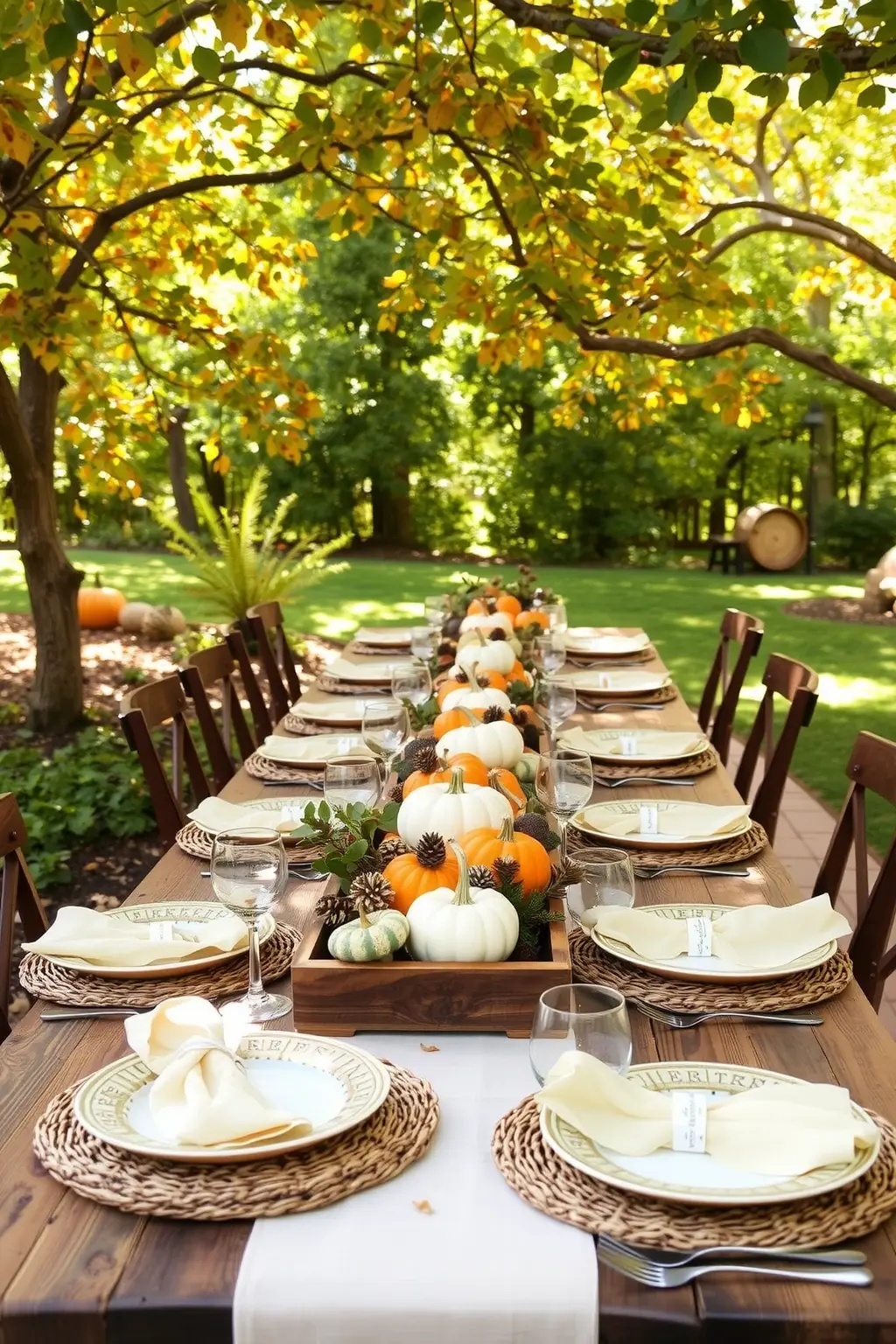 Nature's Bounty Place Settings - Enhance your guests' experience with place settings that celebrate the season. Each setting features a rustic wooden charger, topped with earthy-toned plates, and finished with a heartfelt touch: a sprig of rosemary tied with twine and an orange ribbon. This fragrant addition not only adds elegance but also invites guests to engage with their dining experience.