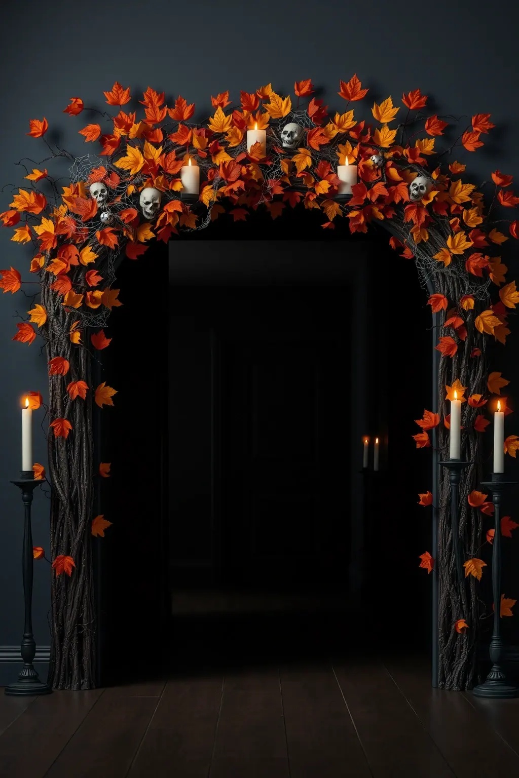 Haunted Harvest Archway - Create an enchanting entryway to your yard by installing a rustic wooden arch draped with autumn leaves and twinkling fairy lights. Hang ghostly figures from the arch and let them sway gently in the wind, beckoning visitors to step into your Halloween paradise. This eye-catching structure combines the warmth of fall with a spooky twist!
