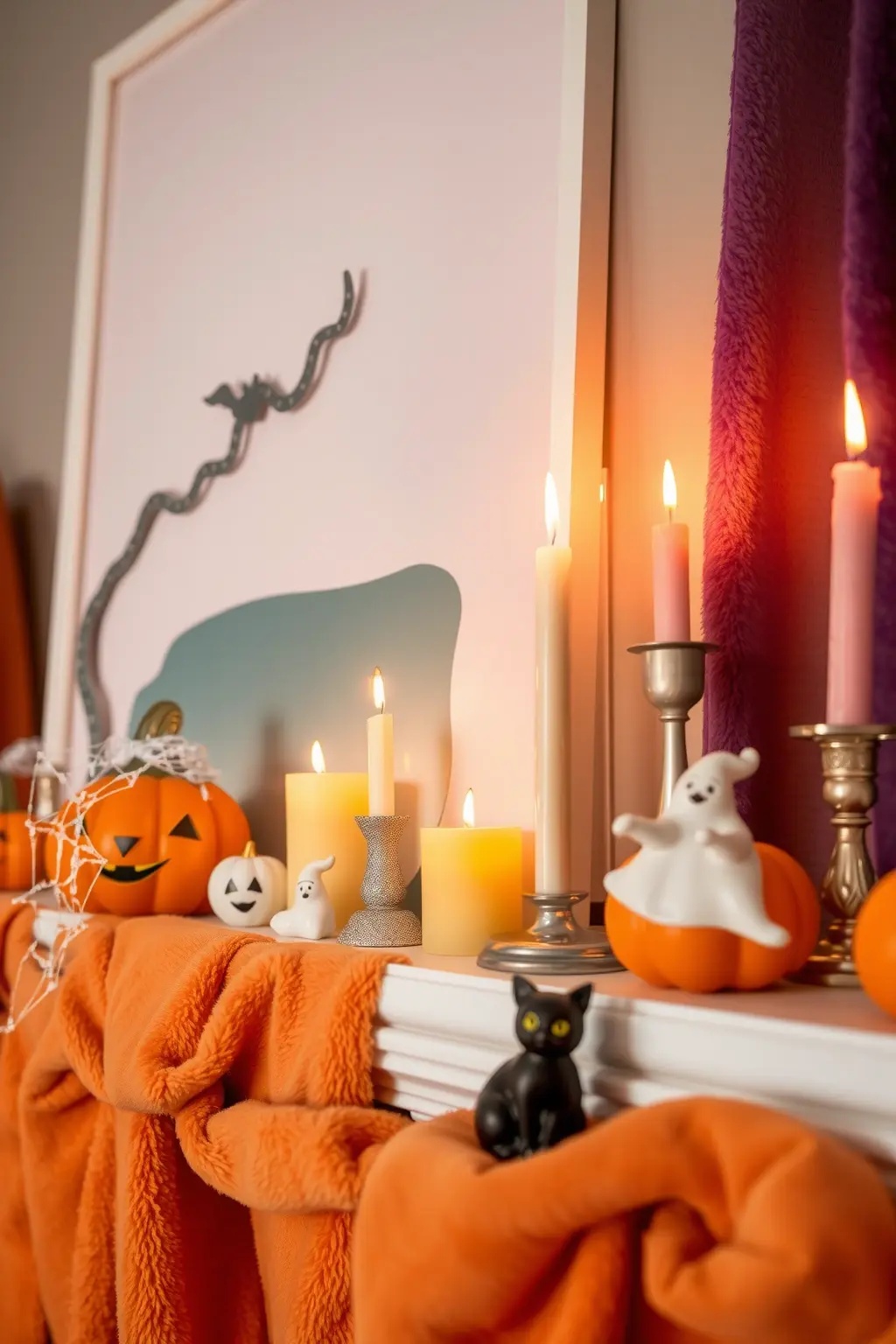 Candlelit Charm - Introduce an array of candles in varying heights to create depth and drama. Opt for dark, moody hues like deep purples and blacks, and cluster them with small decorative skulls or vintage-style glass cloches. This combination adds an air of mystery while keeping the look sophisticated.