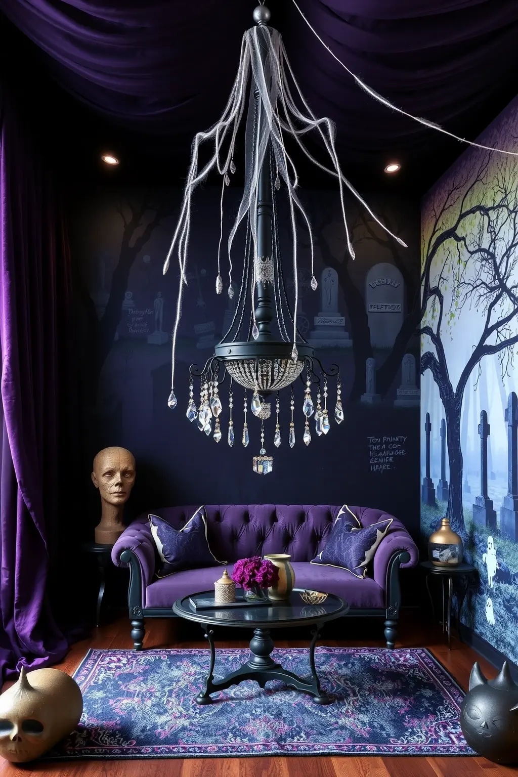 Haunting Haven: The Enchanted Graveyard - Create an enchanting graveyard scene with beautifully crafted tombstones, adorned with intricate carvings and soft, ambient lighting. Place ethereal ghost figures rising from the graves, complemented by lush, dark greenery. Use soft, low lighting to illuminate the area, enhancing the atmosphere of respectful intrigue and inviting storytelling.