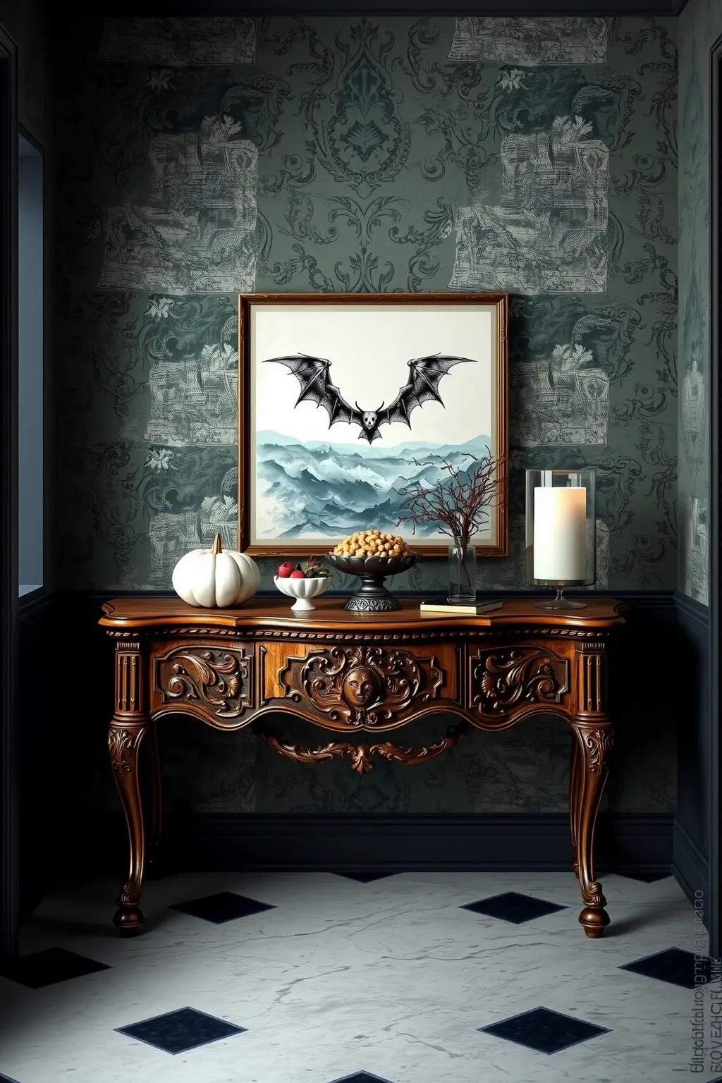 Eerie Elegant Layers - Create depth and intrigue with layered decor. Begin with a textured runner—think lace, brocade, or even an animal print. Then, add books (preferably with dark covers) and vintage trinkets like skulls or antique keys. This eclectic mix adds dimension to your console while inviting guests to explore each curated item.