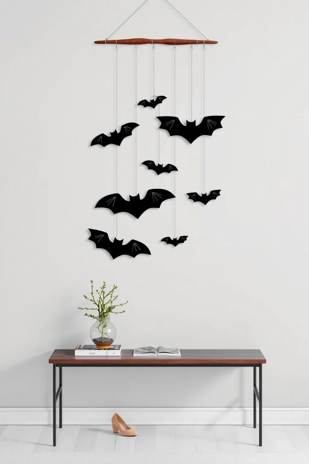 Creepy-Cool Mobile - Turn your ceiling into a gallery of movement with a bat mobile! Using light materials like felt or thin wood, create an eye-catching mobile that dances with the slightest breeze. Hang it above a reading nook or in a cozy corner to bring a whimsical yet modern twist to your space—it’s the kind of decor that’s sure to enchant both children and adults alike!