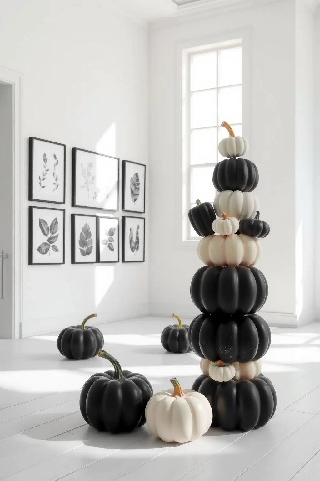 Gallery of Nature - Consider a wall-mounted display using black and white pumpkins alongside framed art. This unexpected twist infuses depth into your decor, evoking the feeling of an art gallery while maintaining a connection to nature’s elegance.