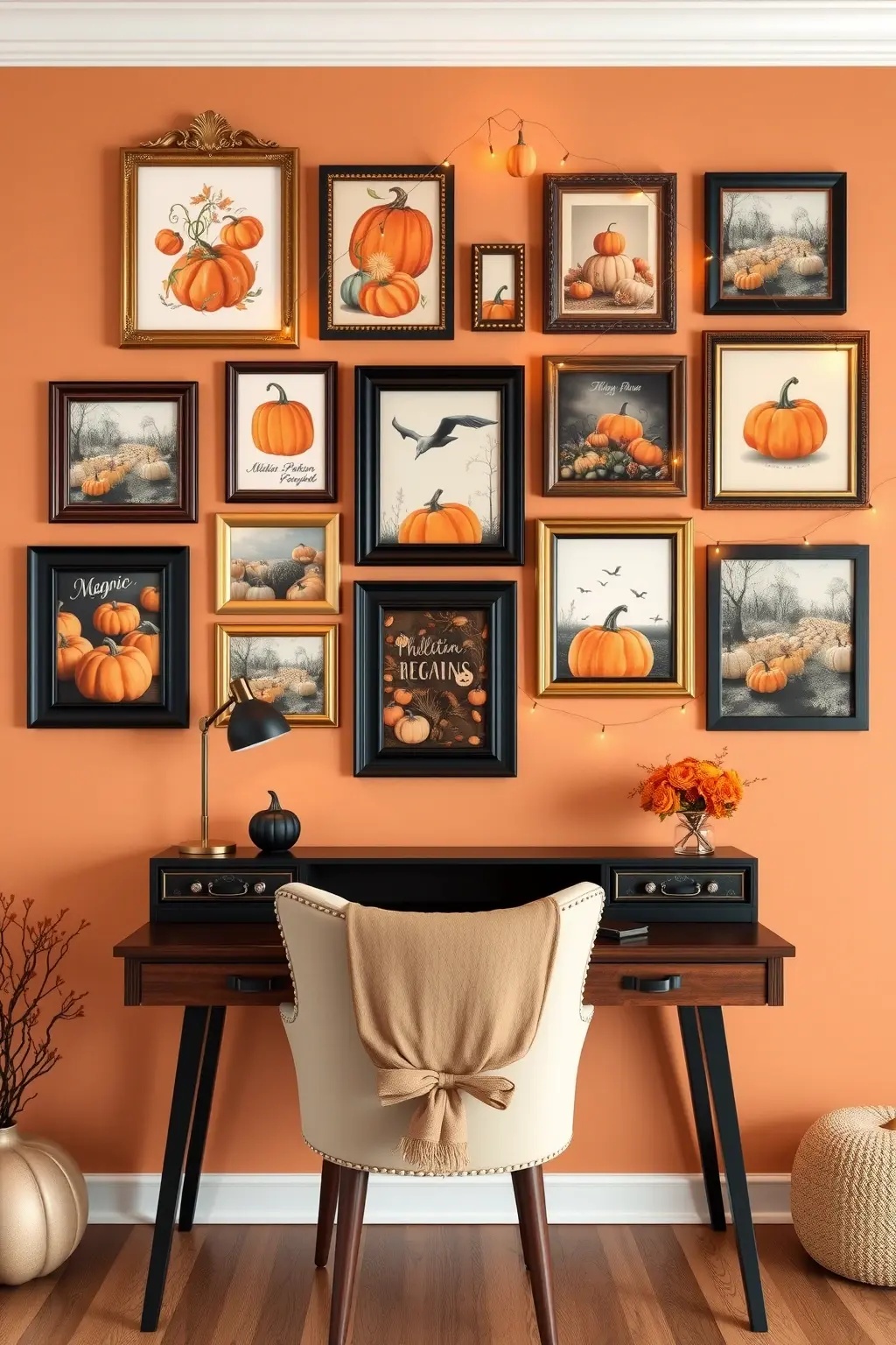 Pumpkin Patch Parade - Curate a collection of pumpkin-inspired art—from minimalist sketches to vibrant watercolors. Add a few real mini pumpkins on the ledge or pinned to the wall for a three-dimensional touch that invites warmth and personality.