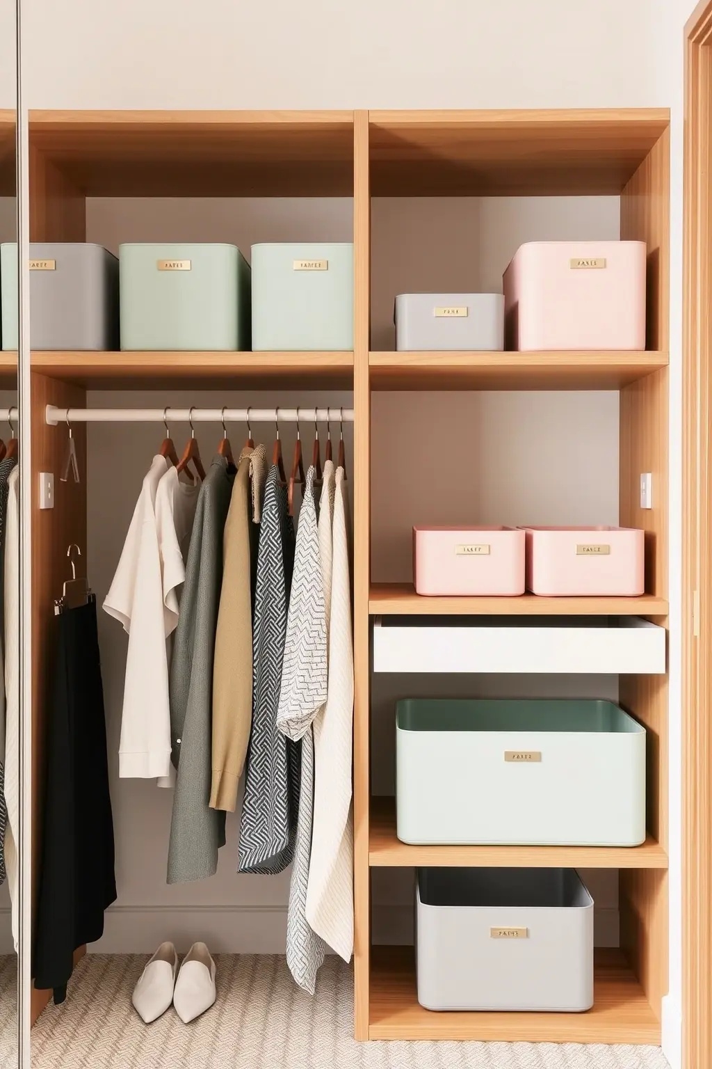 Inspiring Bins: Functional yet Fabulous - Invest in chic bins that are as beautiful as they are functional. Whether it's a rattan weave or a sleek acrylic design, these containers can house everything from accessories to seasonal wear. Place them strategically to create a layered effect that adds depth to your closet while serving as an inspirational focal point—reminding you every day that organization can be an art form.