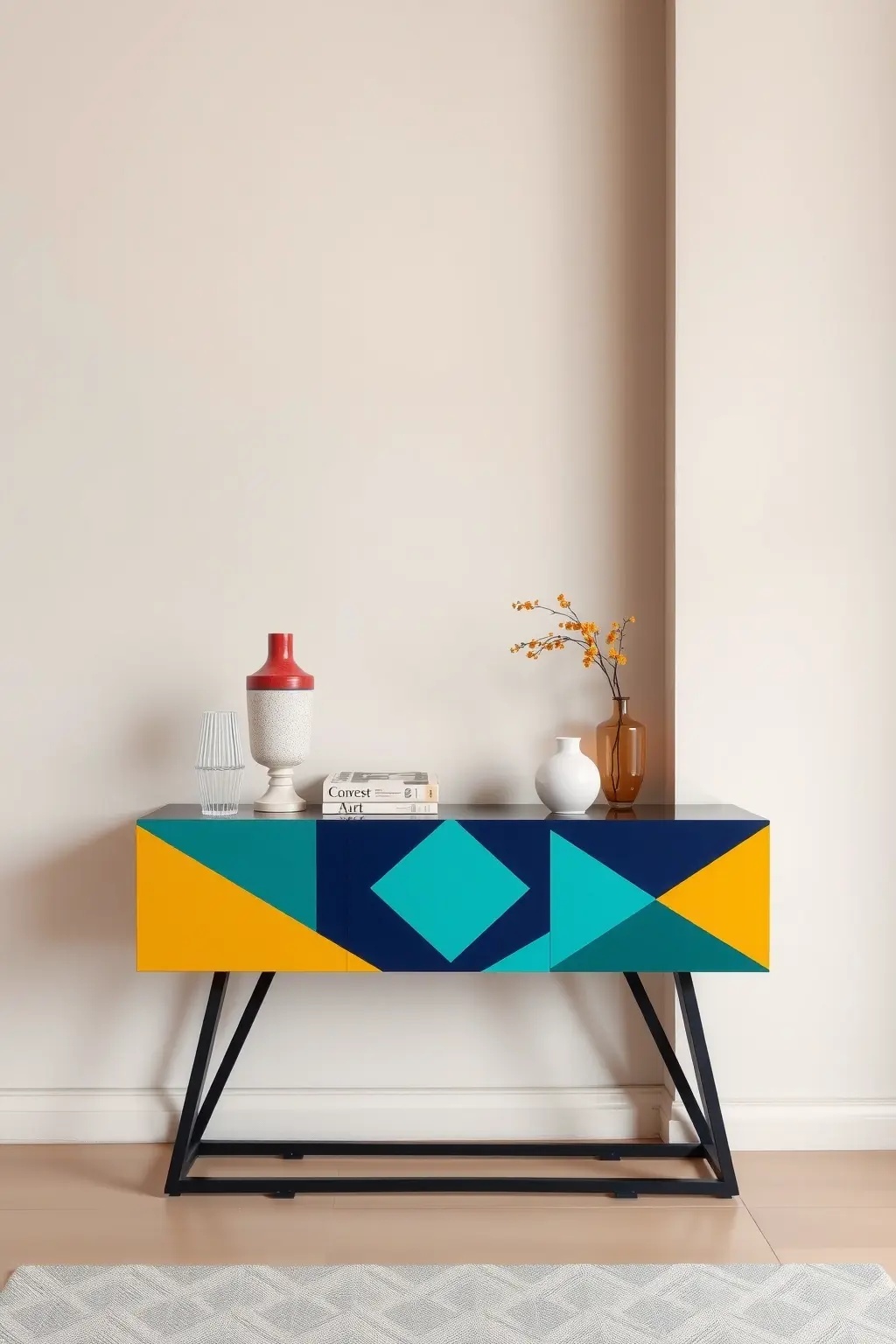 Geometric Chic Console - Bold shapes in a palette of pastels and earth tones create a console table that is as striking as it is practical. This piece masterfully bridges the gap between modern minimalism and artistic expression, making it a conversation starter in any entryway.