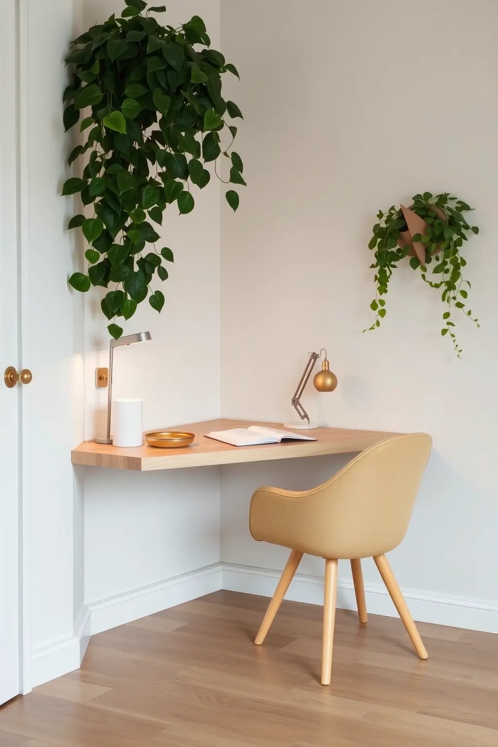 The Cozy Corner Nook - Dream of curling up in a corner nook that feels like a cozy retreat? Pair a rustic wood desk with a plush chair in soft gray, and watch the magic happen. Snuggle in with a few hanging ferns or a tall dracaena, and suddenly, you’re working in your personal hideaway. This setup is about creating a mini oasis where productivity and comfort coexist beautifully.