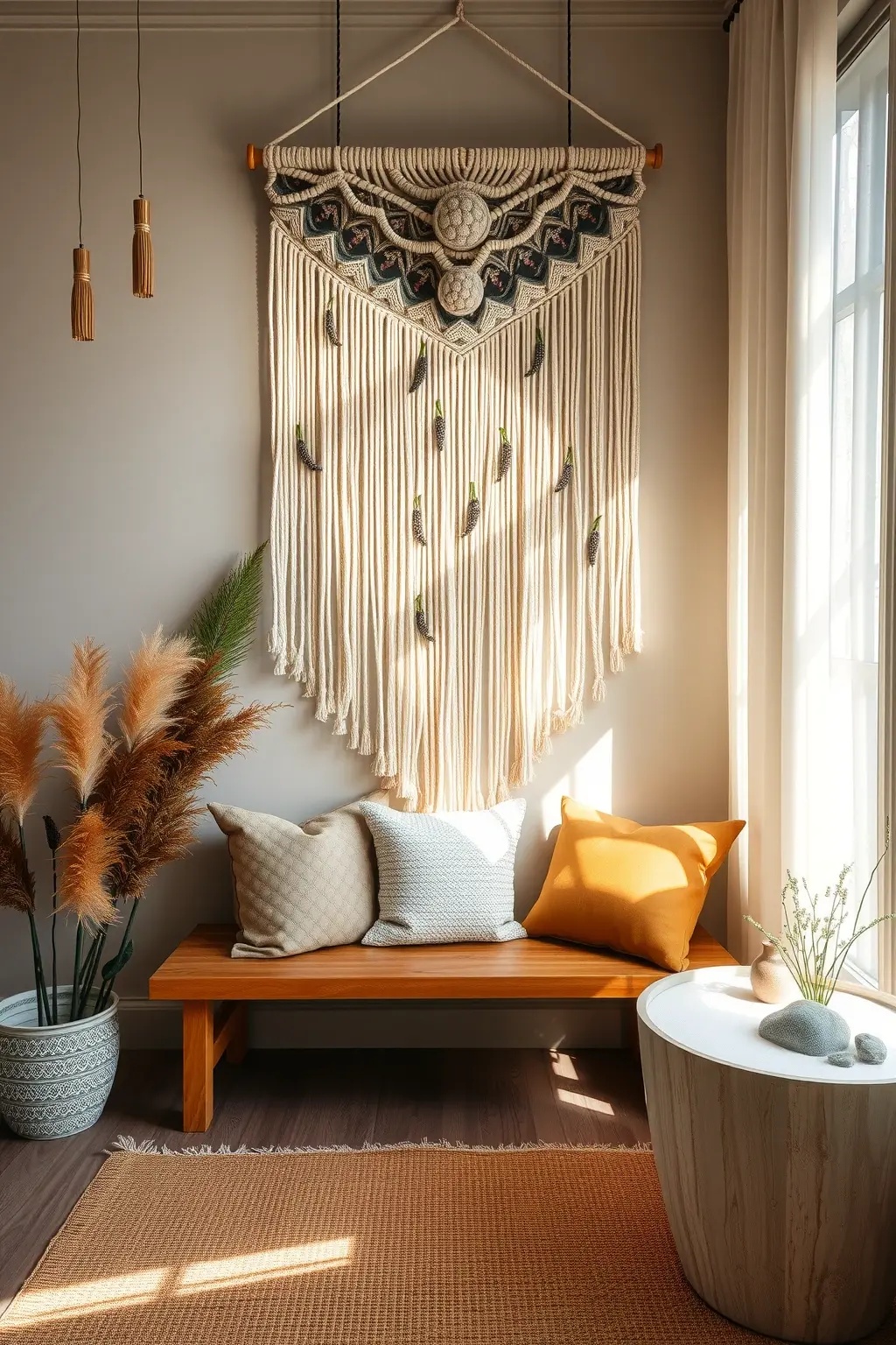 Zen Garden Hang - Achieve tranquility with a minimalist macrame design that features a single, striking piece of dried flower—think a lone sunflower or a delicate sprig of dried hydrangea. This understated elegance allows for a calm atmosphere, ideal for meditation spaces or quiet corners, reminding us that less is often more.