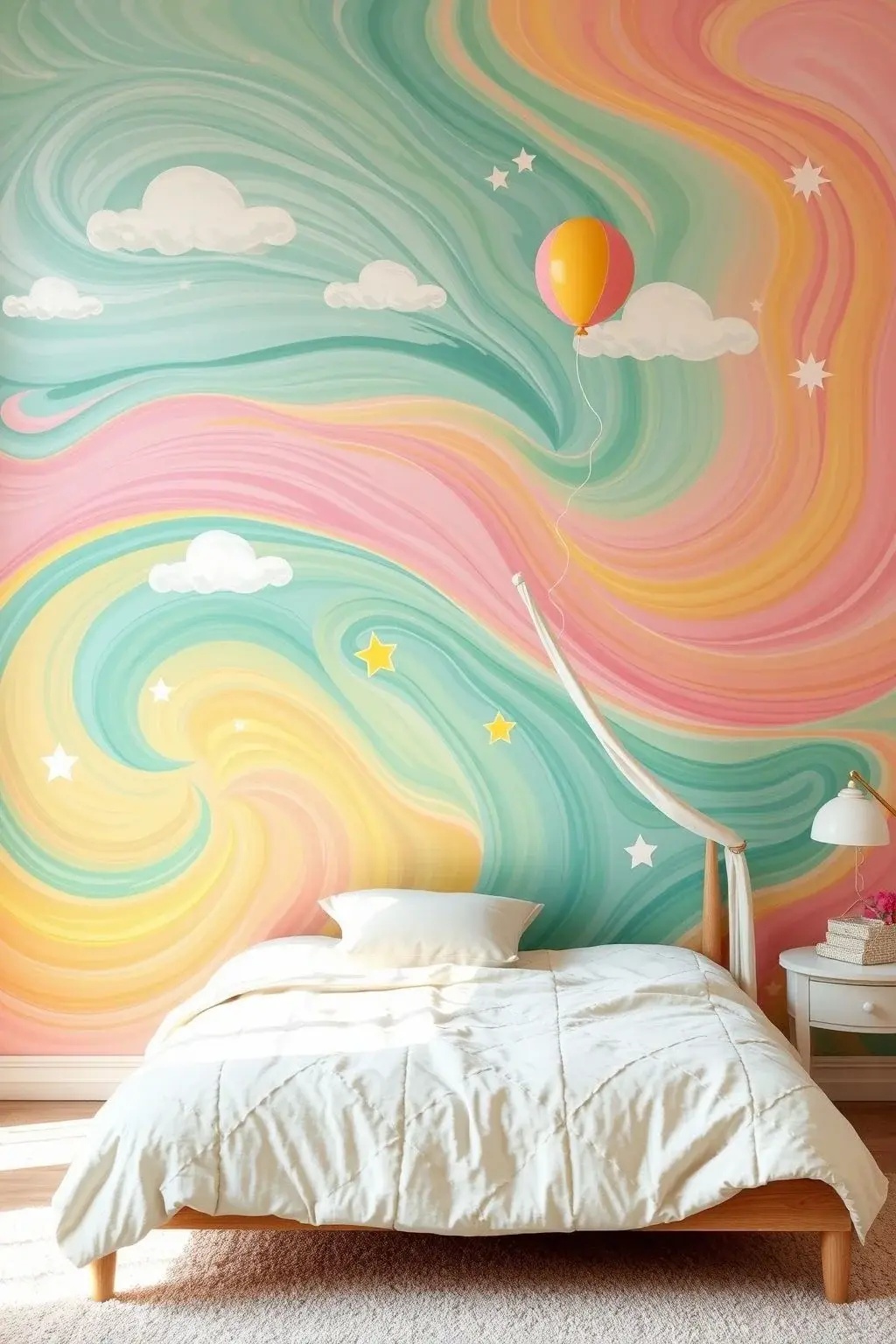 Whirling Whimsy Wall Art - Don’t forget the walls! Adorn the space surrounding your bed with whimsical, oversized wall art that captures the essence of your dreamy theme. Think dreamy clouds, starry skies, or playful designs that spark joy. The right art can create a stunning backdrop that complements your canopy bed, making the entire room feel like a magical retreat.