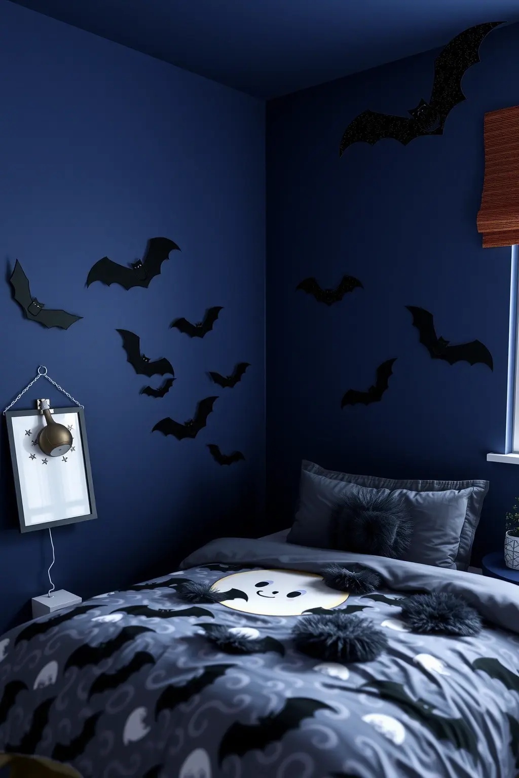 Batscape Bedroom - Design a bedroom that flirts with the eerie. Position bat stickers above the headboard, creating an atmospheric canopy that enhances the dreamlike quality of sleep. Pair this with ghost decals near the bedside table, turning nightly rituals into enchanting encounters, inviting both mystery and comfort.