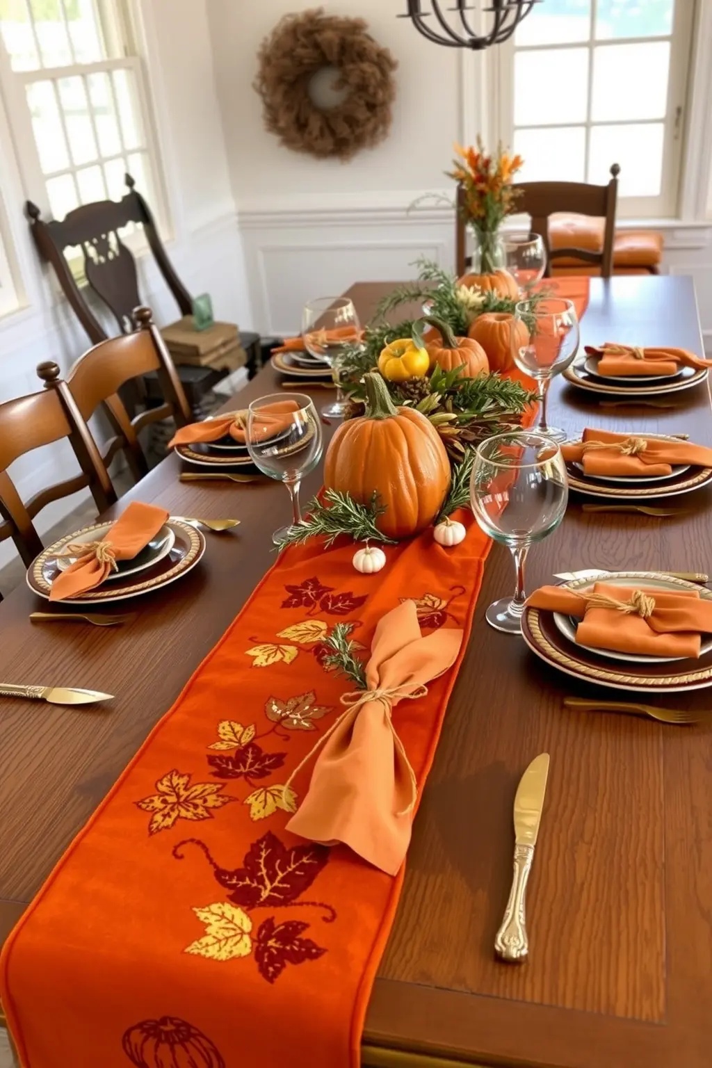 Pumpkin Spice Runner - Craft a unique table runner by stringing together miniature faux pumpkins in shades of burnt orange and cream. This whimsical touch winds its way down the center of the table, providing a playful yet sophisticated element that guides the eye and complements the wooden chargers beautifully.
