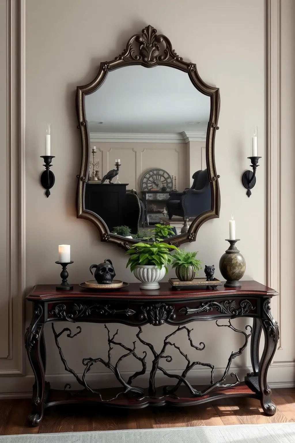 Nature’s Haunting Touch - Bring the outdoors in with whimsical branches or dried florals. Arrange them in a dramatic vase and add twinkling fairy lights for a magical effect. This organic element balances the boldness of velvet and metal, offering a soft, enchanting contrast that’s perfect for the adventurous soul.