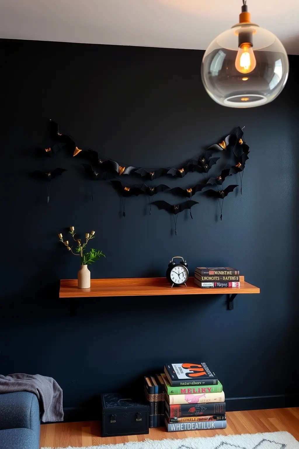 Bat Garland of Mystery - Drape a simple yet captivating bat garland across your mantle or wall. Choose a fabric that contrasts with your wall color, and cut out a series of bats to string together. This idea is a fun, budget-friendly way to introduce a seasonal vibe—perfect for Halloween or year-round if you're a lover of all things spooky. Minimalist, yet oh-so-effective!