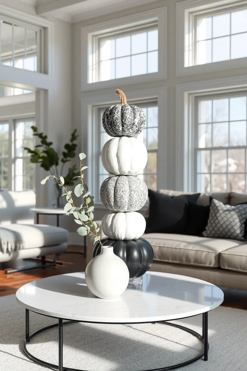 Nature’s Contrast - Surround a stack of black and white pumpkins with rich greenery. The stark contrast emphasizes the pumpkins' colors, making them pop and allowing the natural elements to breathe life into the arrangement, creating a refreshing ambiance.