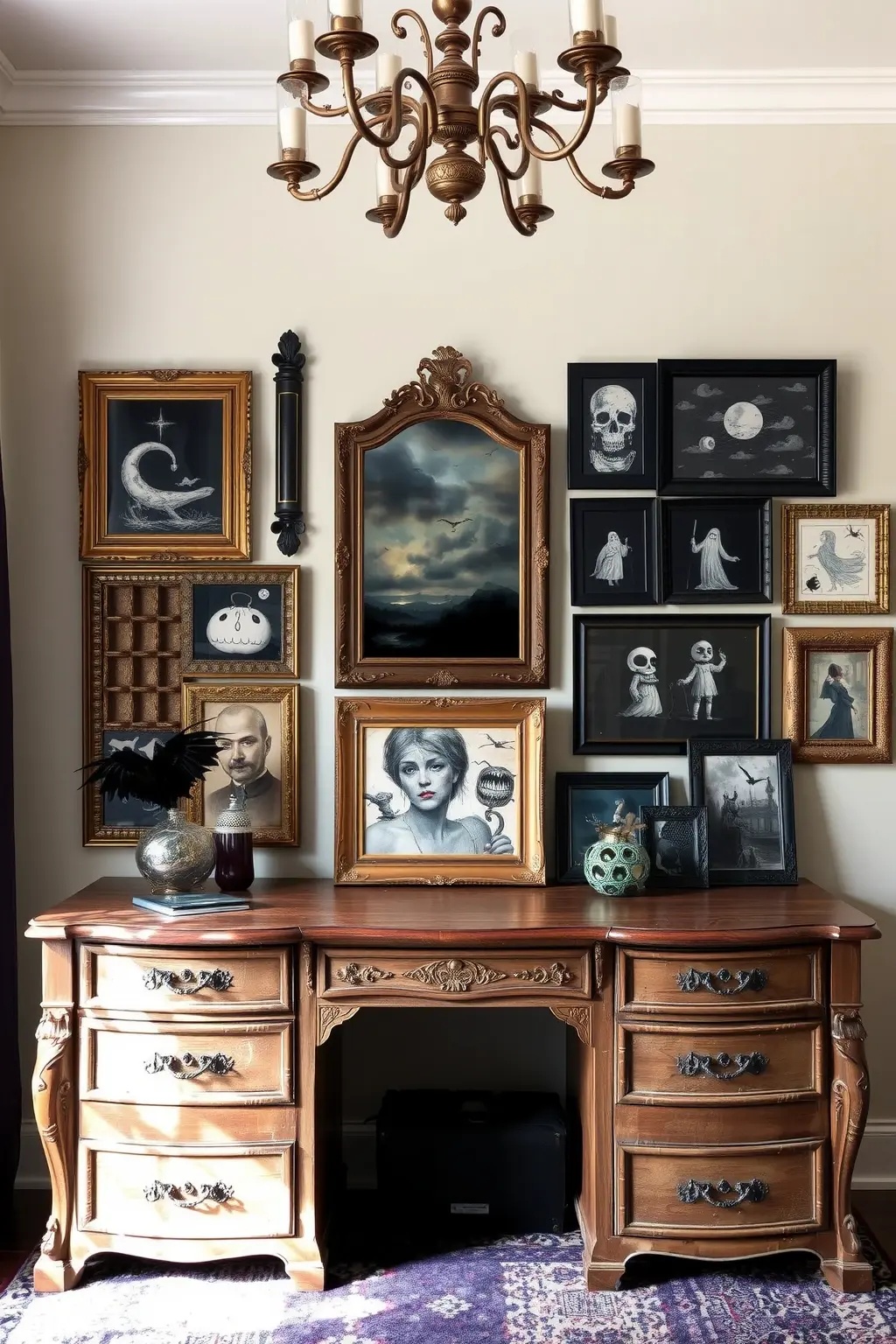 Eerie Eclectics - Mix and match your favorite Halloween themes in a spontaneous way! Incorporate family photos dressed in costumes, spooky postcards from travels, and seasonal art—creating a vibrant and unpredictable wall that tells your unique Halloween story.