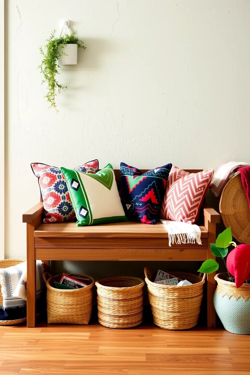 Eclectic Mix - Create an eclectic vibe by combining different styles. A vintage bench paired with contemporary baskets adds depth to your entryway. Don’t be afraid to mix materials—think wood with metal and fabric for an unexpected twist.