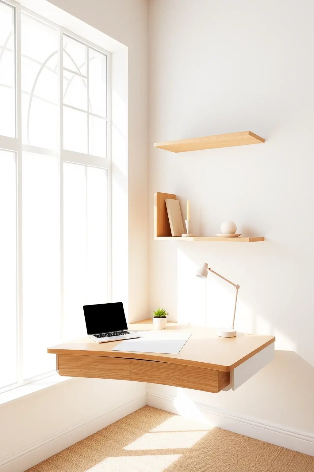 The Minimalist Workspace - Turn your corner into a productive haven with sleek, floating shelves that house essential office supplies and decor. The clean lines promote focus while keeping your workspace airy and organized, proving that functionality can indeed be beautiful.