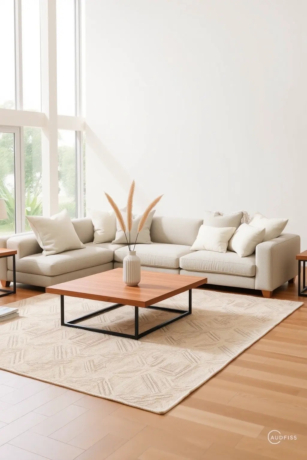 Layered Comfort - Combine textures and tones with a layered look that offers both warmth and depth. Start with a low sectional in a soft beige, then pile on various throw pillows in shades of cream and taupe. Add a chunky knit blanket for visual interest. Layered Comfort embodies the essence of coziness while maintaining that crisp, clean aesthetic—perfect for curling up with a good book.