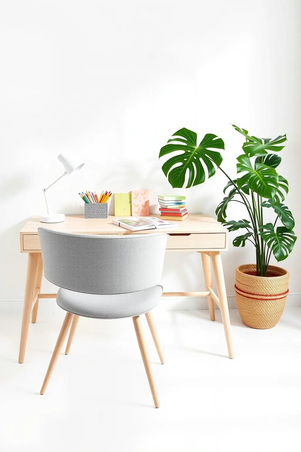 The Playful Palette - Who says neutrals have to be boring? Inject a playful vibe into your workspace by choosing a desk that combines light oak with pastel accents. Add a whimsical touch with a couple of small, vibrant green plants—think succulents in quirky pots. This design strikes the perfect balance between fun and functionality, ensuring your workspace reflects your unique personality without overwhelming it.