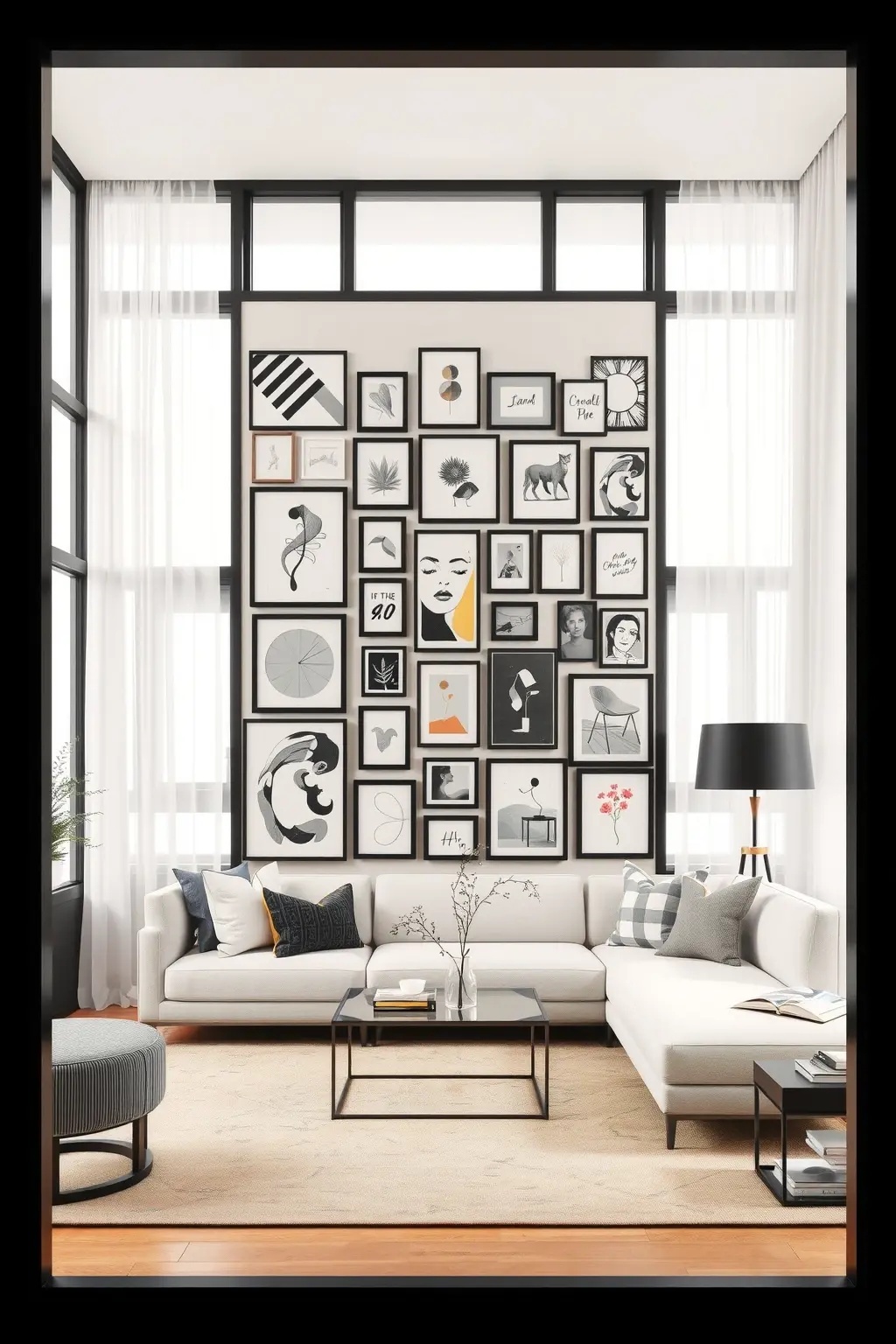 The Narrative Frame - Curate a story through your collection of abstract prints, allowing each piece to resonate with the others. Use black frames to create a consistent thread, while varying the themes and styles to craft an evolving narrative. This design idea not only beautifies the space but also invites conversations that delve into the inspiration behind each artwork.