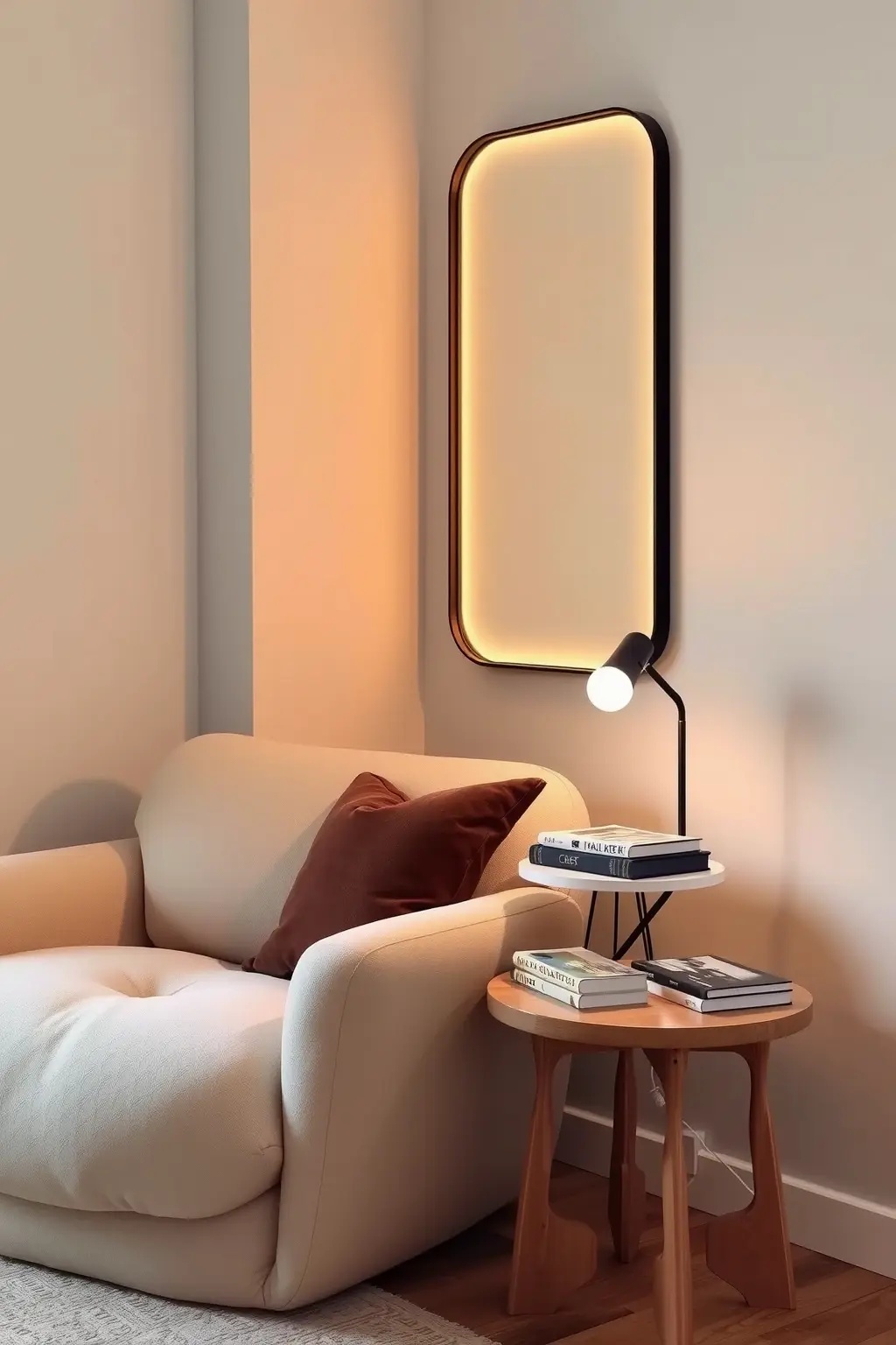 Techy Reading Nook - Create a cozy reading nook with a smart mirror that can also serve as your reading assistant. Set it to display your e-books while placed above a comfy armchair. Add a few rustic touches—like a knitted throw and a reclaimed wood side table—to keep the atmosphere inviting and warm.