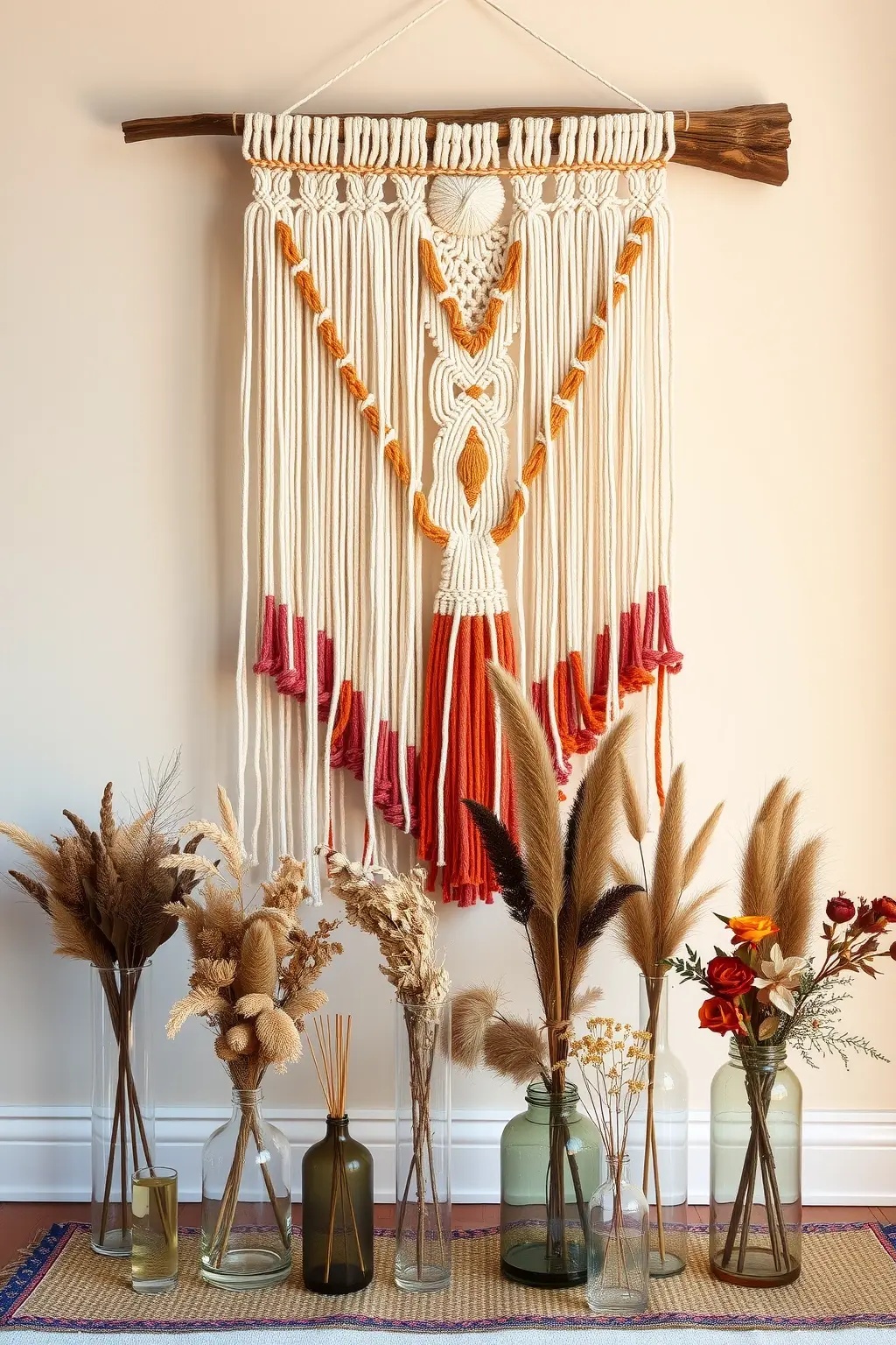 Color Cascade - Embrace bold colors with a vibrant macrame creation that encapsulates a rainbow of dried flowers. Combining hues of marigold, rose, and teal, this eye-catching piece serves as a conversation starter, bringing joy and personality to your living space. Hang it in a well-lit area to amplify its striking colors.