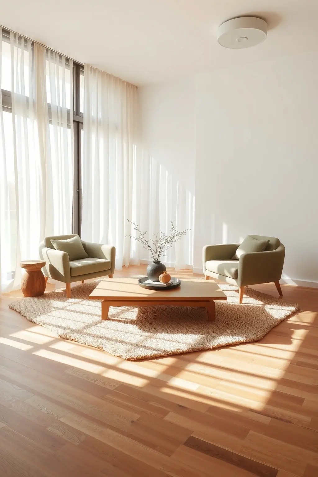 Light & Shadow Play - Maximize natural light while mastering the art of shadow with strategic window treatments. Choose sheer linen curtains that filter sunlight gently, paired with a geometric floor lamp for cozy evenings. The interplay of light and shadow softens the edges of your decor, creating a serene atmosphere that embodies the essence of Japandi style.