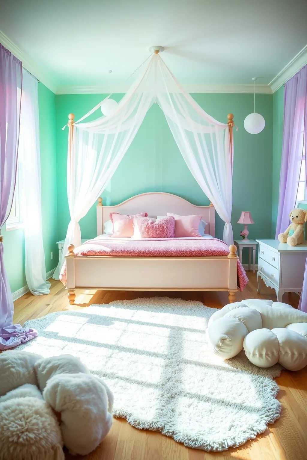 Dreamy Floor Fabrics - Ground your whimsical oasis with a plush area rug that invites you to sink your toes in. Opt for a rug in pastel hues or quirky patterns that tie the whole room together. A soft surface underfoot creates a cozy atmosphere and encourages relaxation—perfect for those lazy weekend mornings spent lounging in bed.