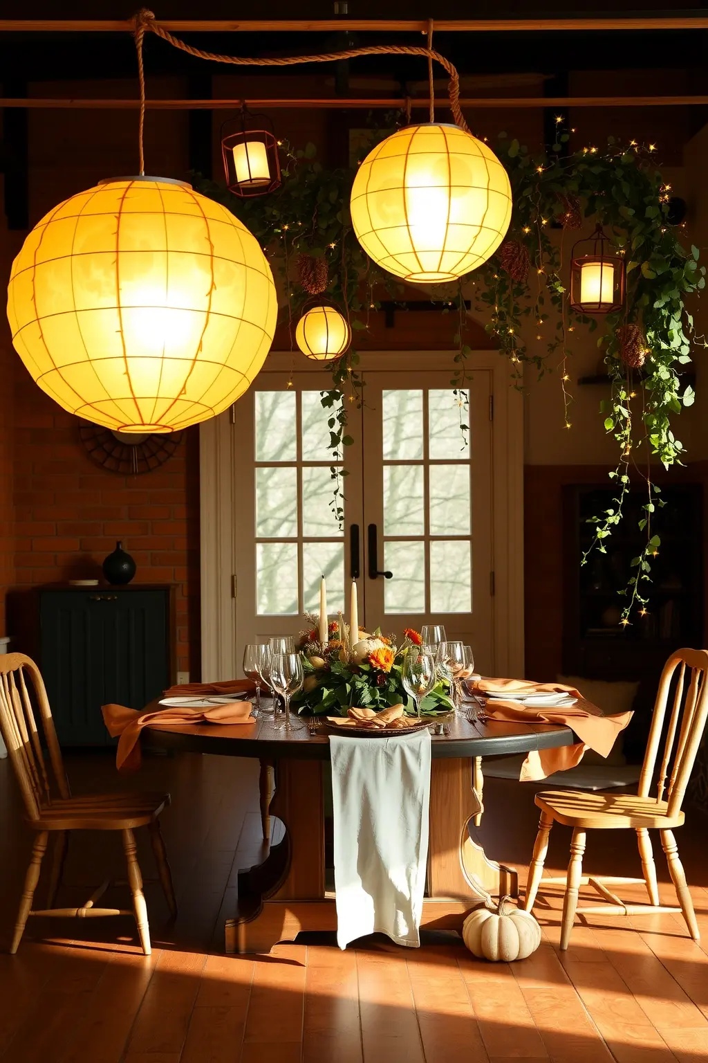 Harvest Moon Hanging Decor - Take your decor upward with a stunning hanging installation above the table. Suspend a mix of dried orange slices, cinnamon sticks, and twinkling fairy lights from a wooden beam or chandelier, creating an ethereal ambiance that draws the eye upward, enhancing the overall coziness of the dining experience.