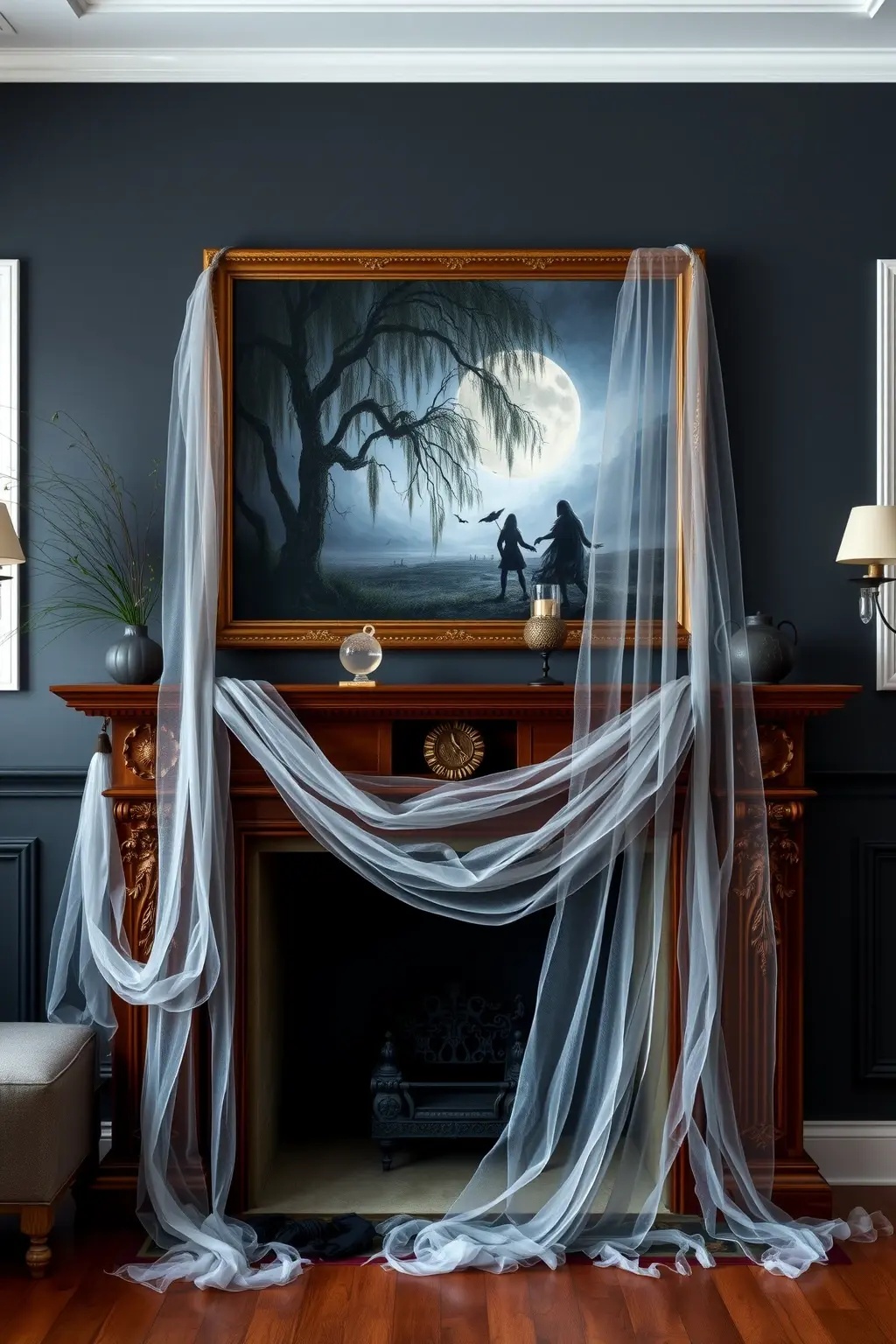 Wraiths in the Willow - Utilize your existing trees to create a hanging garden of ghosts! With soft white fabric or tulle, fashion wraiths that gracefully dangle from the branches, swaying in the breeze. Add twinkle lights woven through the branches for a magical glow, making your yard the perfect blend of haunting and beautiful.