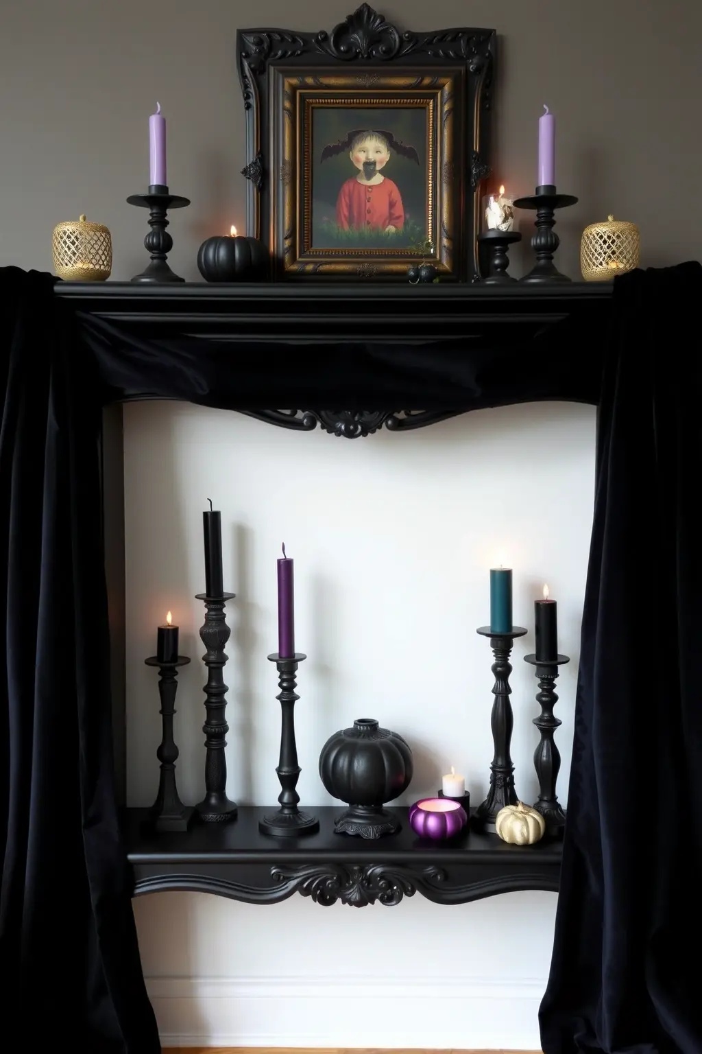 Gothic Glamour - For a touch of drama, select a statement piece—like a dark, ornate mirror or an intricately designed candelabra—as the focal point. Surround it with a minimalist garland of faux spider webs and understated black florals, ensuring the overall look remains chic and purposeful.
