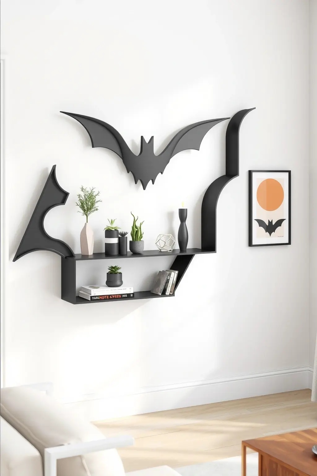 The Bat Cave Shelf - Combine functionality with flair by designing a bat-shaped shelf. Use plywood to create a unique piece that can hold your favorite trinkets or books. Paint it in a striking color or leave it raw for an industrial look. This shelf isn’t just storage; it’s a sculptural statement that makes your decor work for you while showing off your rebellious style.