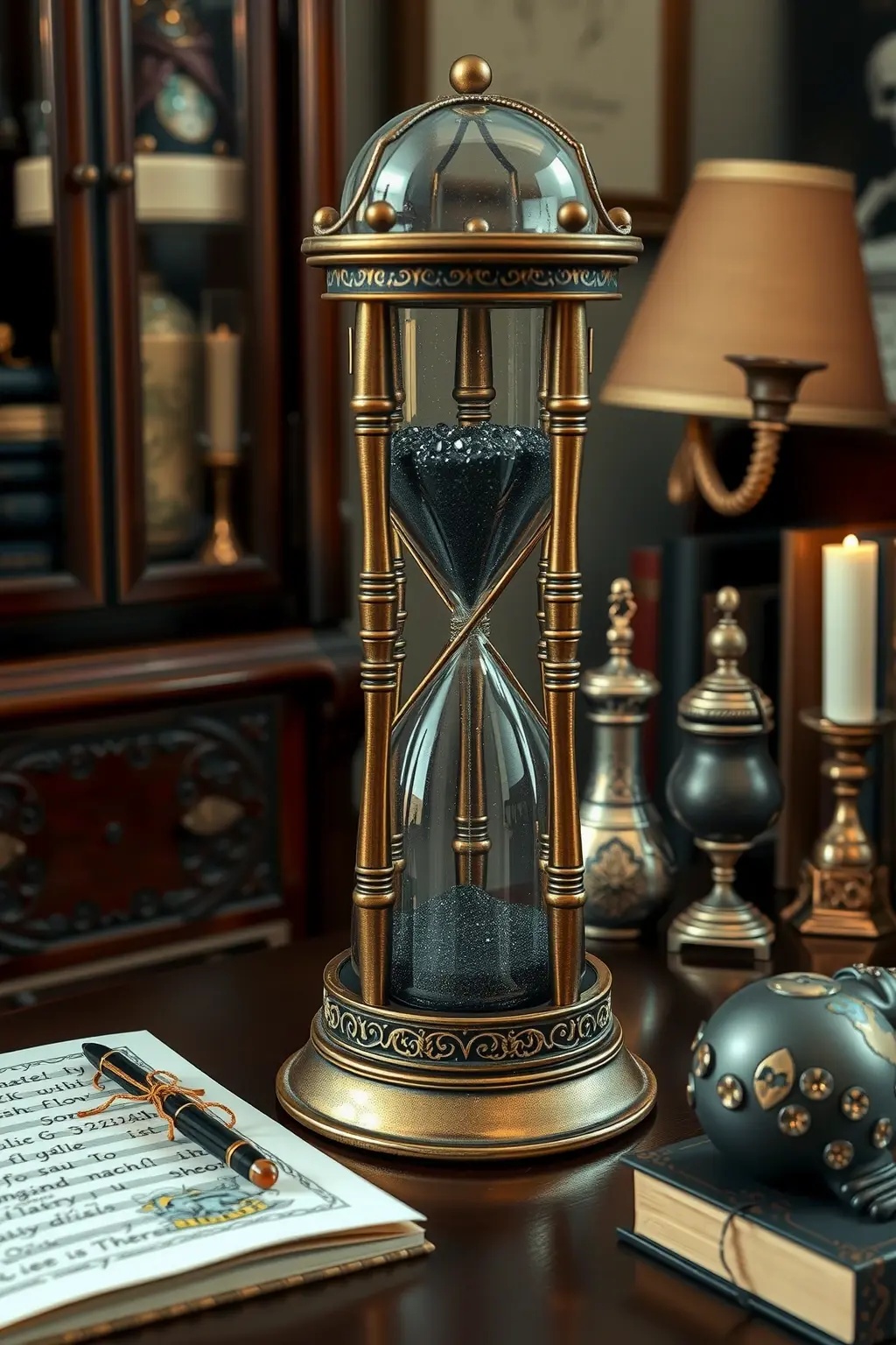 Enchanted Hourglass: Timekeeper of Dreams - Tick-tock, the sands of time slip through the glass, reminding you that even in a busy world, magic is in the moments you create. This hourglass, adorned with dark crystals, transforms the mundane passage of time into a thoughtful ritual, urging you to savor each second.