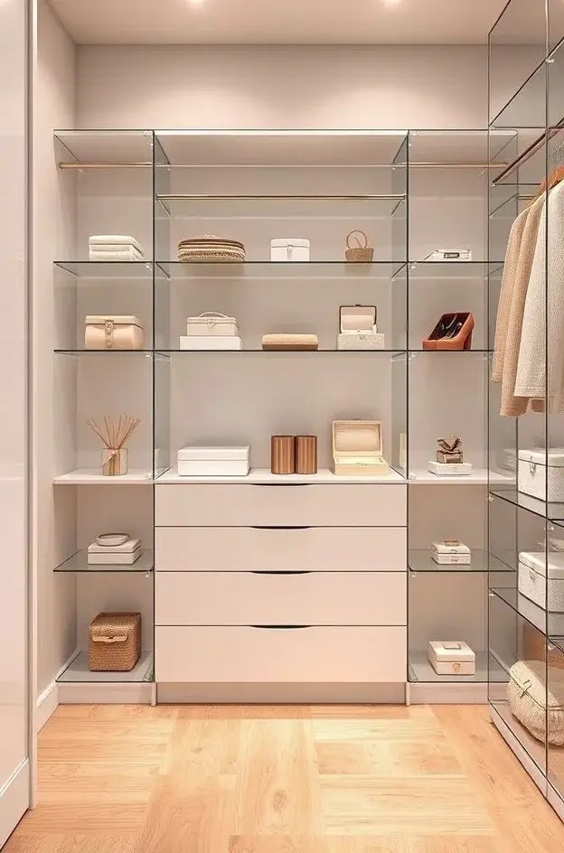 Curated Accessories: The Jewel Box Effect - Turn your accessory storage into an eye-catching display. Use elegant trays or vintage boxes to showcase jewelry, scarves, and other treasures. This not only keeps your closet functional but also transforms it into a jewel box where each accessory tells a story, inviting you to engage with your collection on a personal level.