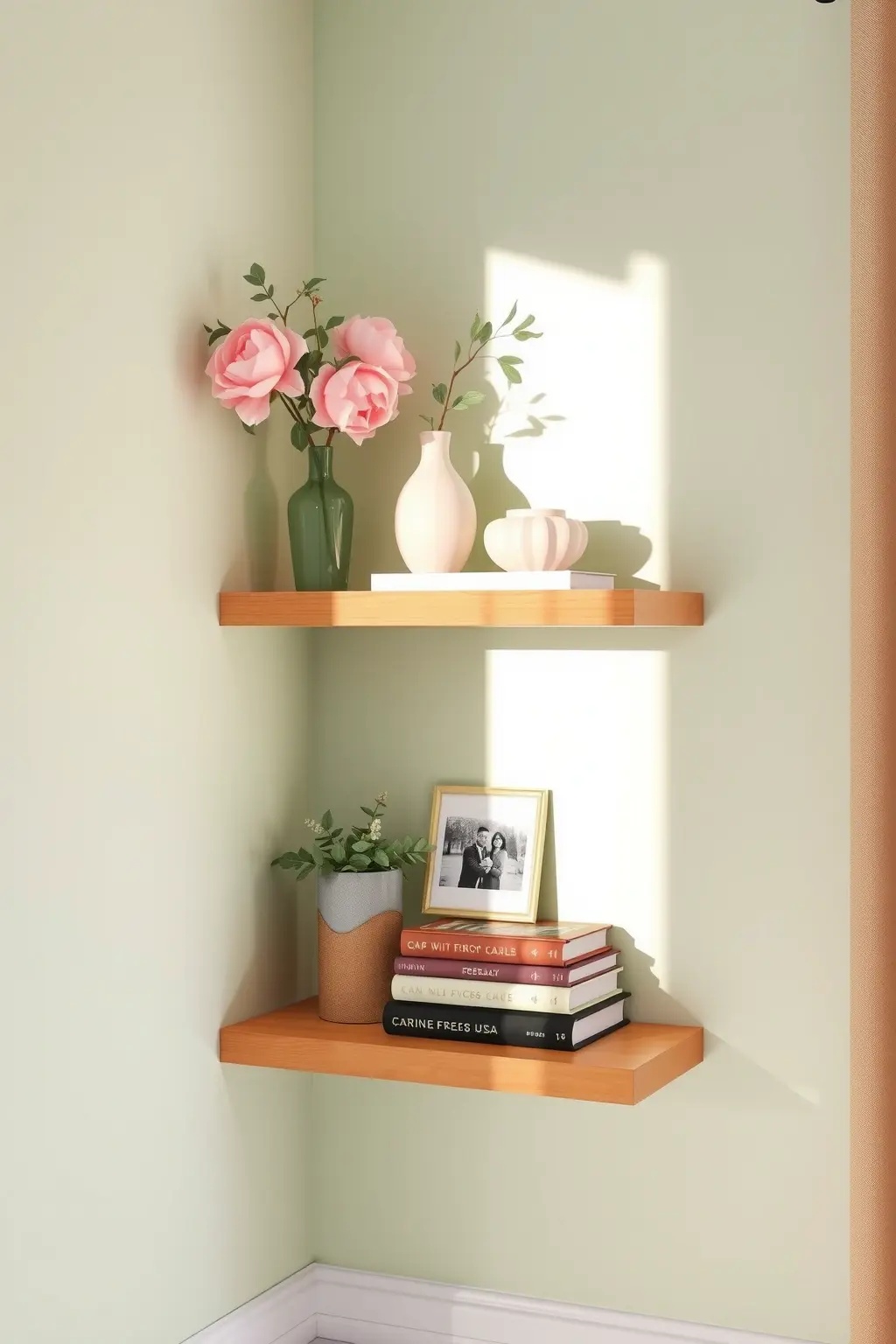 The Dreamy Display - Combine whimsical design with practicality by using floating corner shelves to hold curated seasonal decor. Rotate items for a fresh look, whether it's cozy winter candles or vibrant summer blooms—each shelf a canvas for your creativity.
