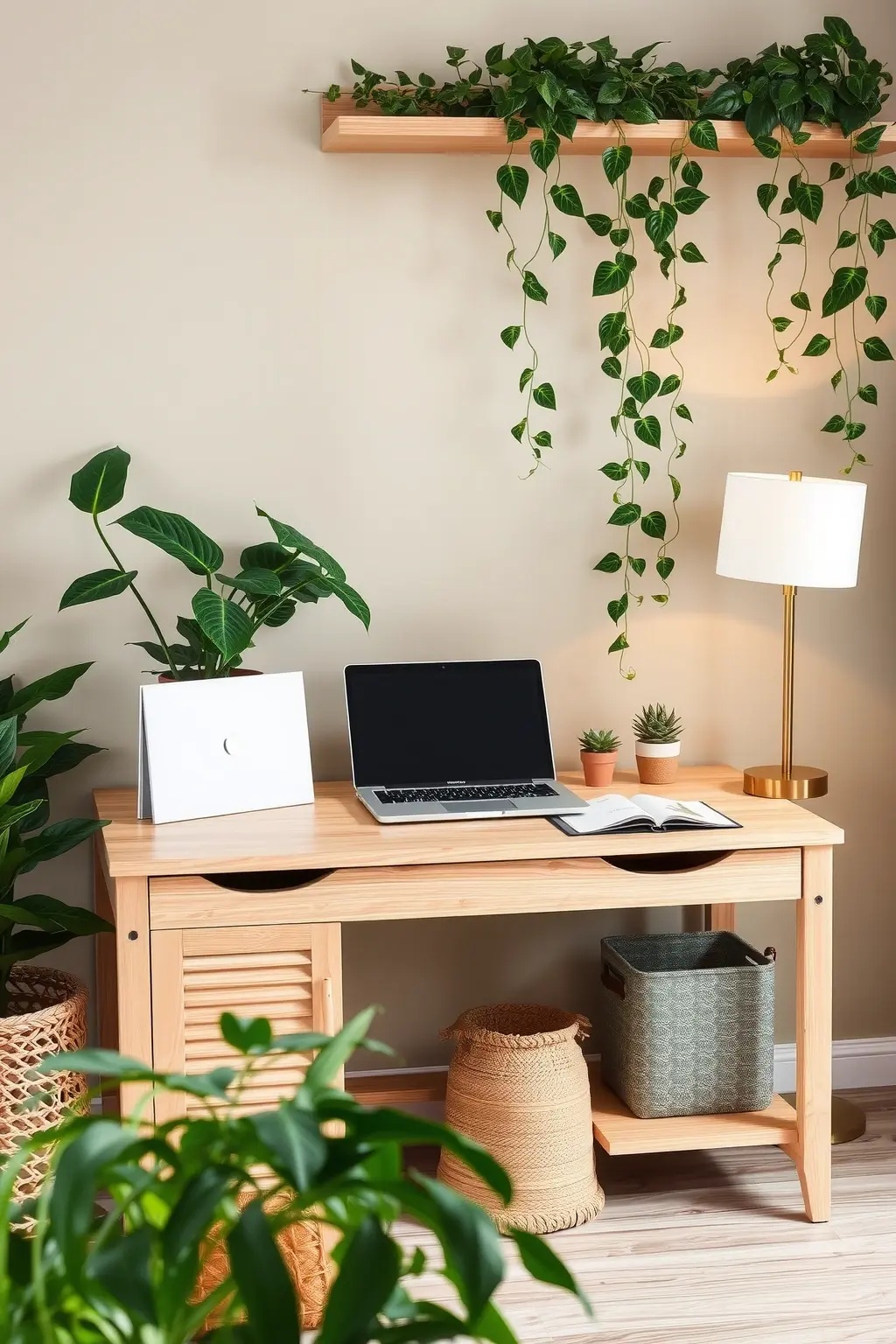 The Nature’s Embrace - What if your desk could bridge the gap between the outside and inside? Embrace a large, light wooden desk with a view of your favorite leafy plant collection. This design encourages a connection to nature, reminding you of sunlit afternoons spent outdoors. Who wouldn’t feel inspired by the beauty of greenery just a glance away? Plus, it’s a fantastic way to bring the outside in, making every workday feel like an adventure!