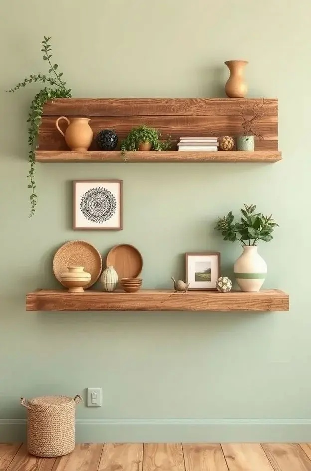 Nature's Nook - Infuse your space with organic shapes by incorporating live plants alongside your shelves. Create asymmetry by varying planter heights and types. This design not only introduces a touch of greenery but also breathes life into the arrangement, making it a vibrant focal point.