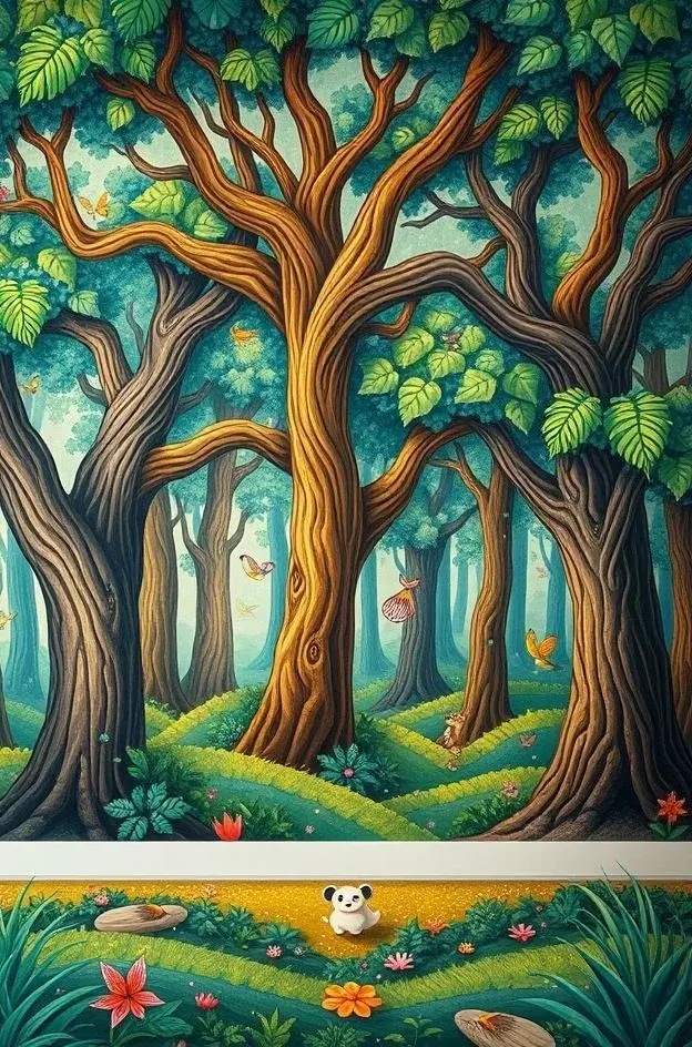 Storybook Forest - Bring the charm of a fairytale to your walls with a mural depicting a lush forest scene. With enchanting creatures peeking from behind trees, this mural ignites the imagination, making it a magical addition to children's rooms or cozy reading nooks.