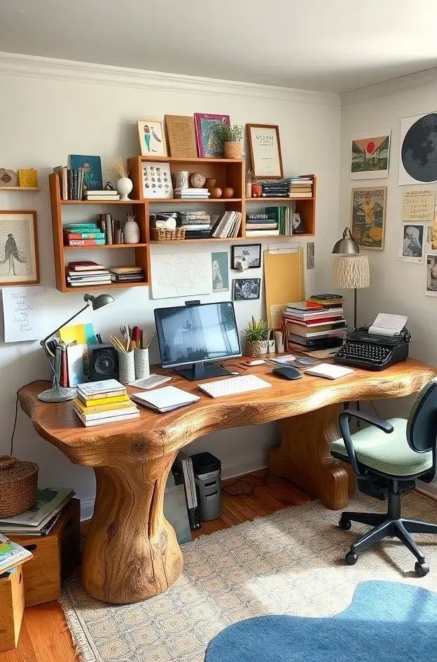 Curated Chaos - Mix and match your favorite items on open shelves to create a visually stimulating gallery. Combine books, art pieces, and personal mementos in a way that tells your story. This curated chaos not only showcases your personality but also sparks joy and inspiration every time you sit down to work.