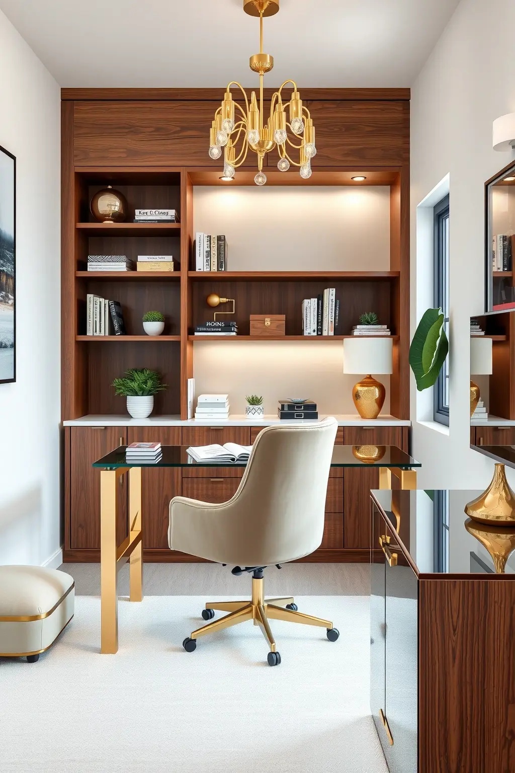 Functional Elegance - Choose a sleek, multifunctional desk that doubles as a chic writing surface and storage space. Opt for rich wood finishes or monochromatic colors that blend seamlessly with your decor, giving you the luxury of style and practicality without sacrificing space.