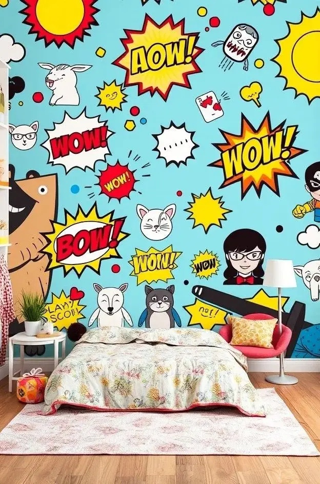 Retro Pop Art - Dive into the vibrant world of pop art with bold colors and playful icons that tell a story. This mural not only adds a splash of fun but also sparks conversations, making it perfect for living areas or creative workspaces where inspiration flows freely.
