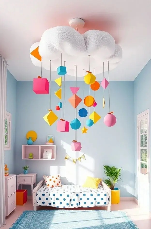 Geometric Dreams - A modern take on mobile design, this structure features interlocking geometric shapes in bold colors. Each element is meticulously crafted from high-quality acrylic, creating a striking visual contrast against your ceiling that sparks conversation and adds a contemporary edge.