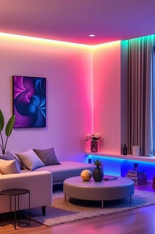 The Chameleon Corner - Embrace the art of transformation with a feature corner of your room that adapts to your activities. Position RGB floor lamps with smart controls next to your reading nook or workspace. Let them shift colors from soft whites for focus to warm oranges for cozy evenings, creating a chameleon-like ambiance that evolves with you.